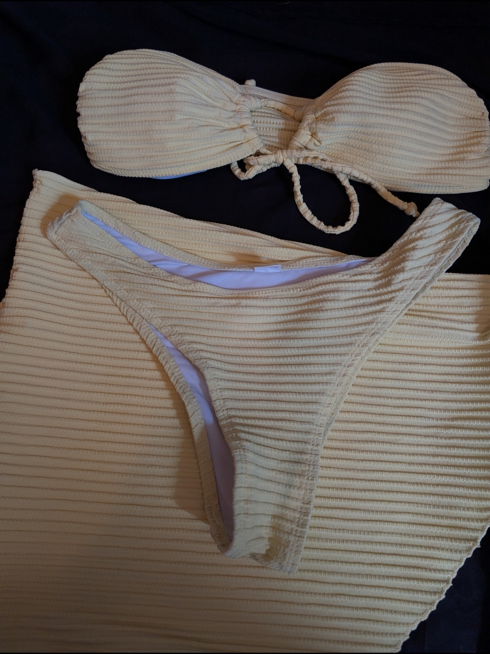 Ribbed Yellow Bandeau Bikini Set With Coverup Tie Up Strapless High waist - Picture 3 of 8